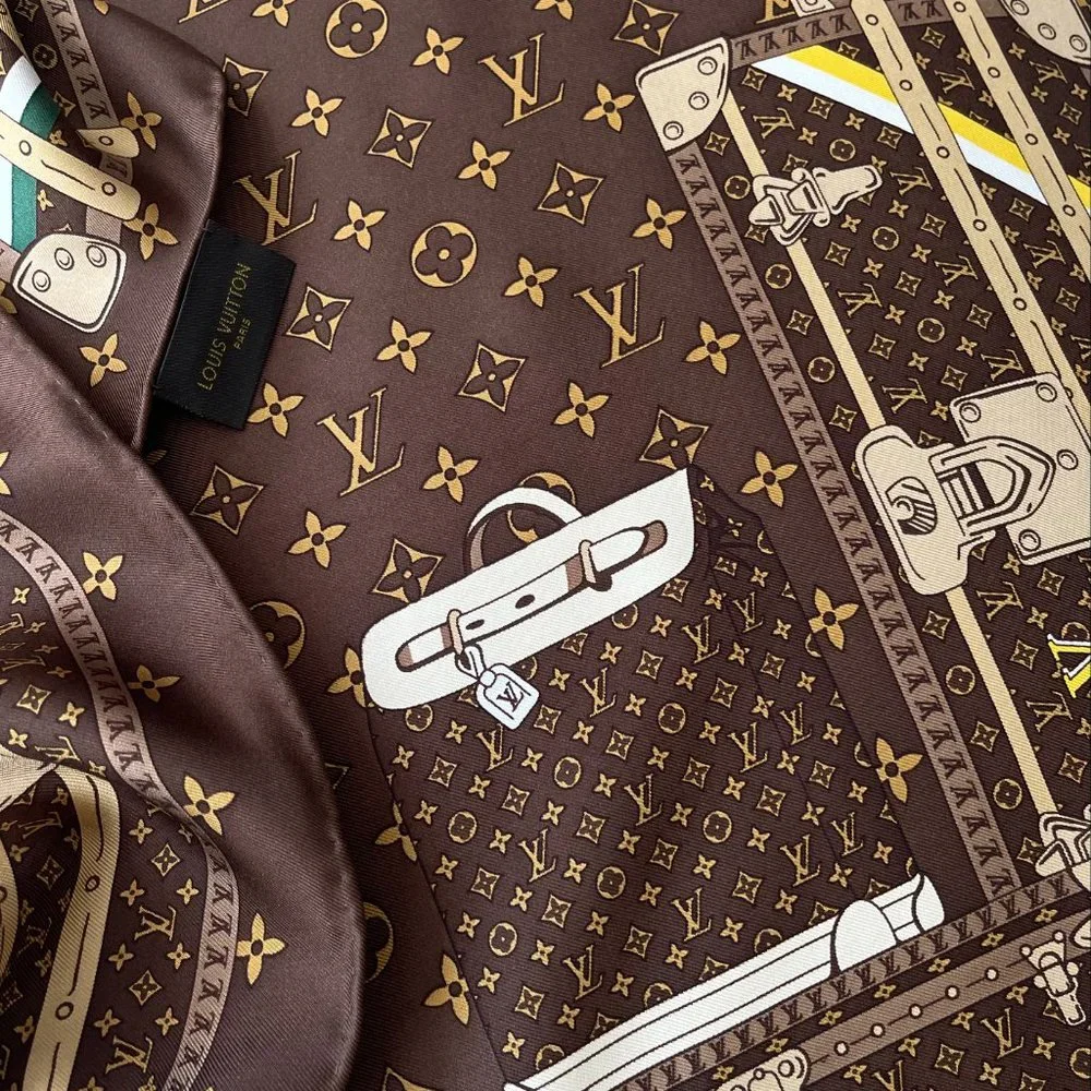 Louis Vuitton Scarf  Travel Trunks Monogram Brown Silk Wrap